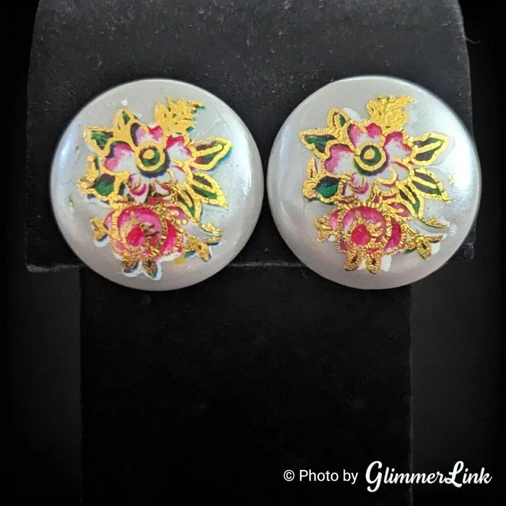 Vintage 70s Tensha Style Stud Earrings Pearled Gray Dome with Pink Gold Flowers